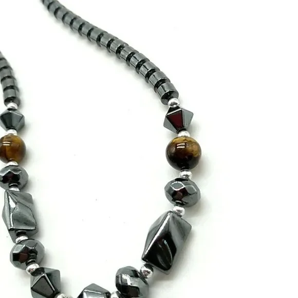 Men's/Unisex Hematite Beads & Lion's Head Pendant Necklace w/2 Cat's Eye Beads - Picture 12 of 14